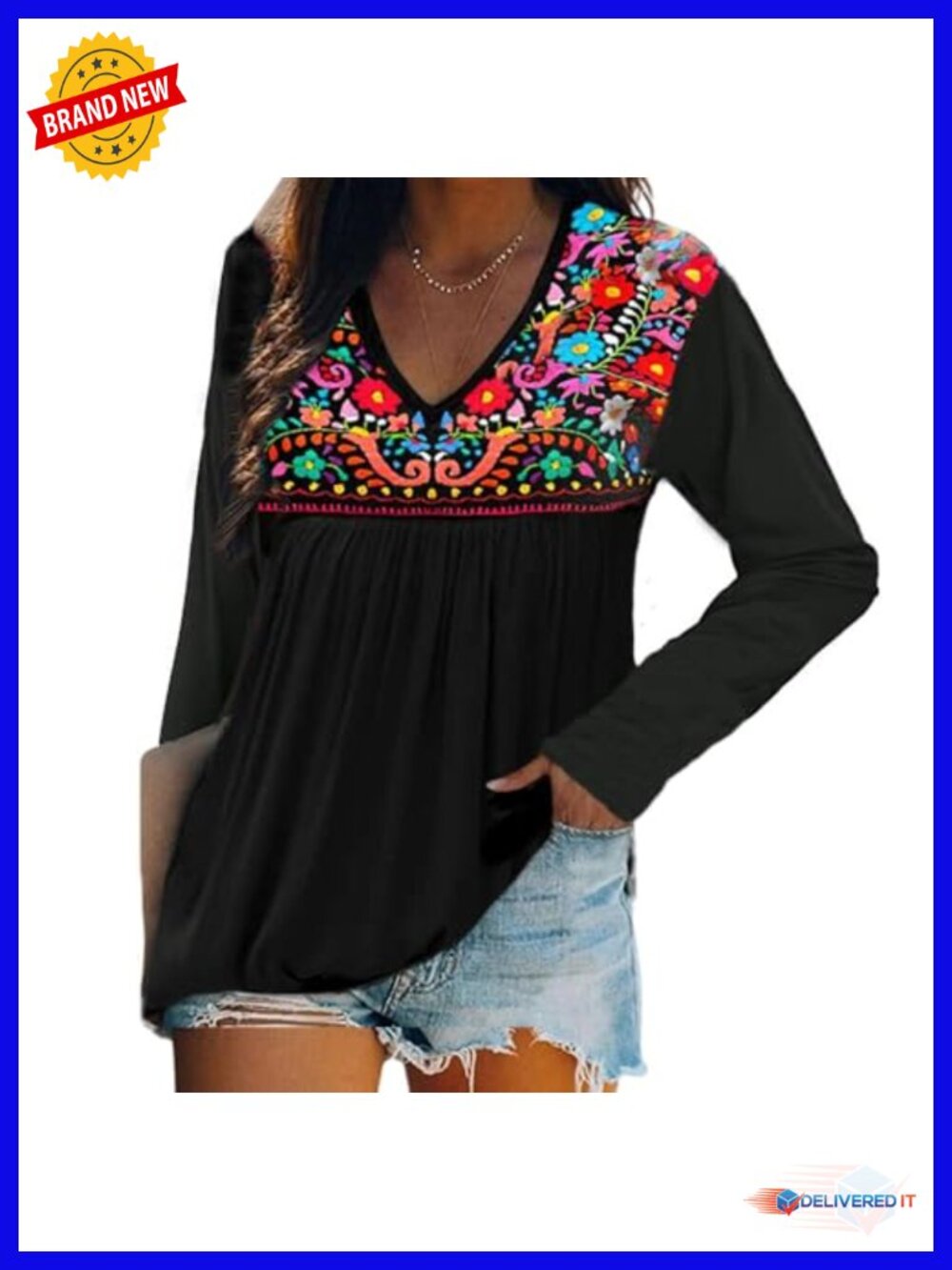 Floral Embroidered Peasant Blouse Boho Tunic Long Sleeve Women